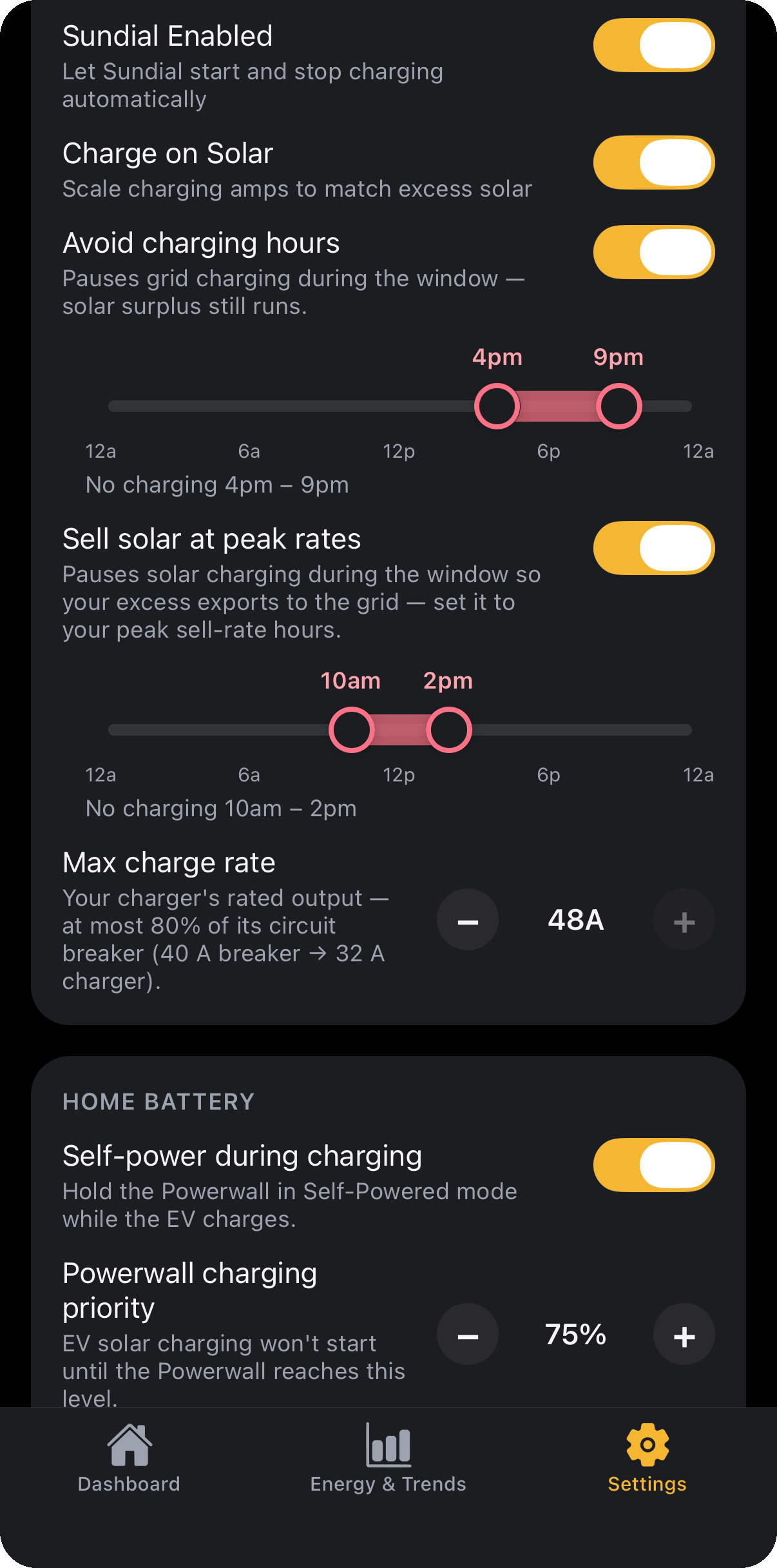 SundialEV settings: avoid-hours, sell solar at peak rates, and Powerwall charging priority
