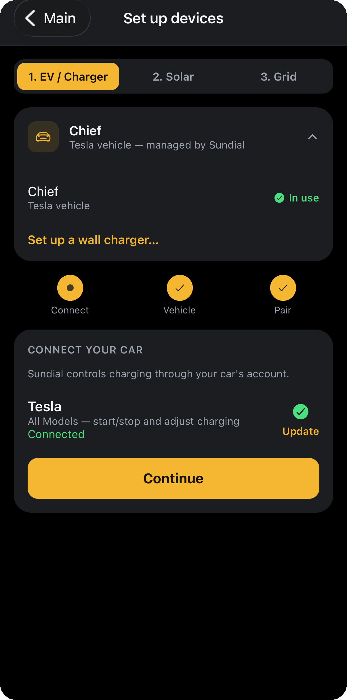 Sundial Set up devices screen with a Tesla vehicle managed by Sundial, the connect-your-car steps completed, and Tesla connected
