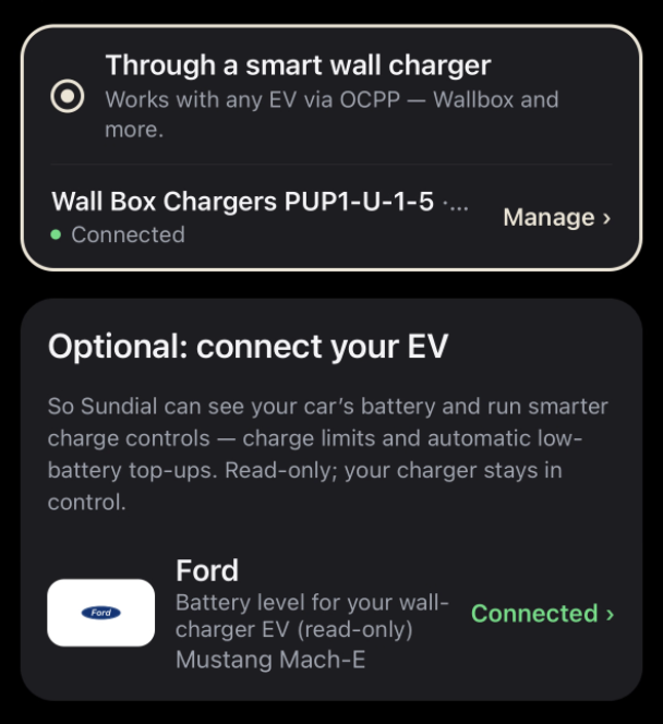 SundialEV EV / Charger setup: a Wallbox charger connected under Through a smart wall charger, and below it the Optional: connect your EV card showing Ford connected, read-only, with a Mustang Mach-E