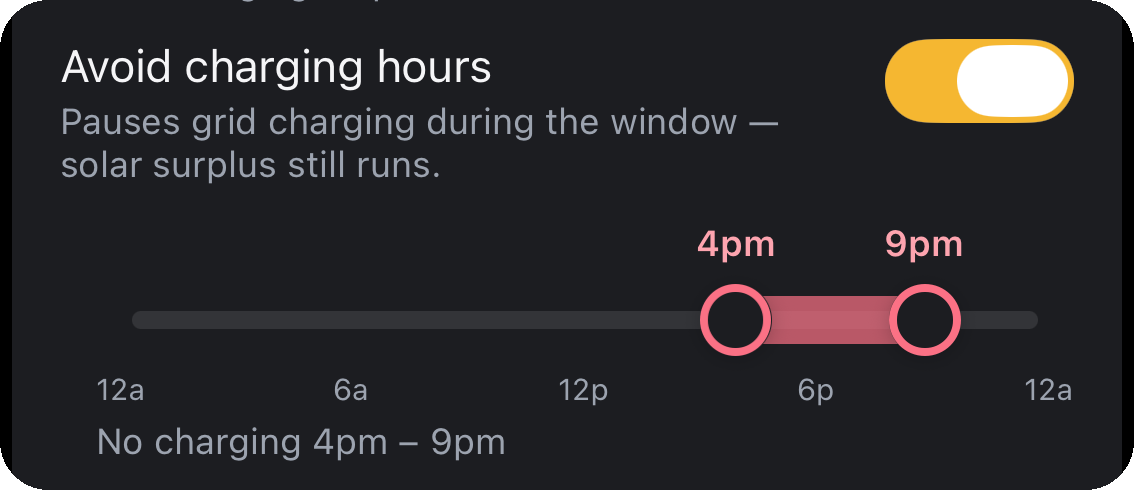 Settings slider marking 4 to 9 PM as no-charging hours