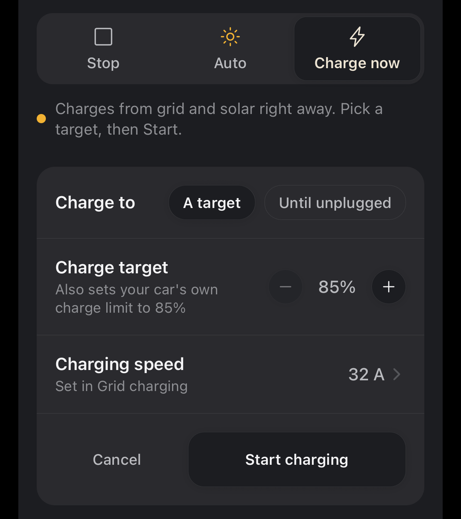 Charge now selected in the Stop, Auto, Charge now control, with a panel to charge to a target of 85 percent or until unplugged, a charging speed of 32 amps, and a Start charging button