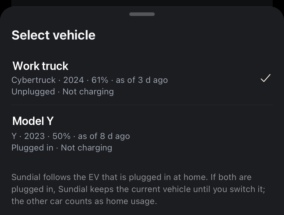 SundialEV's Select vehicle sheet listing two cars — a work truck and a Model Y — with the active one checked