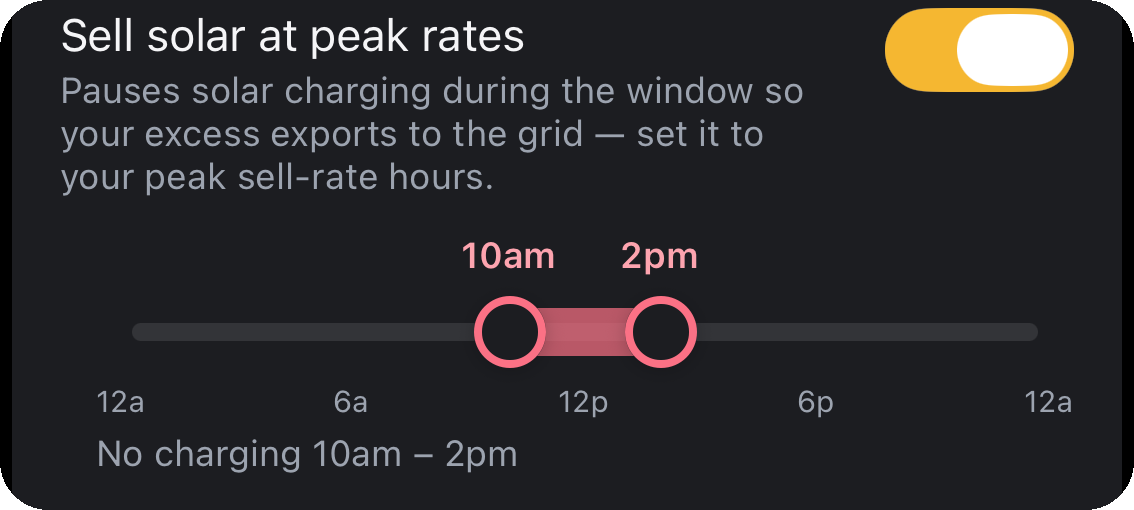 Settings for pausing solar charging during peak sell-rate hours so surplus exports to the grid