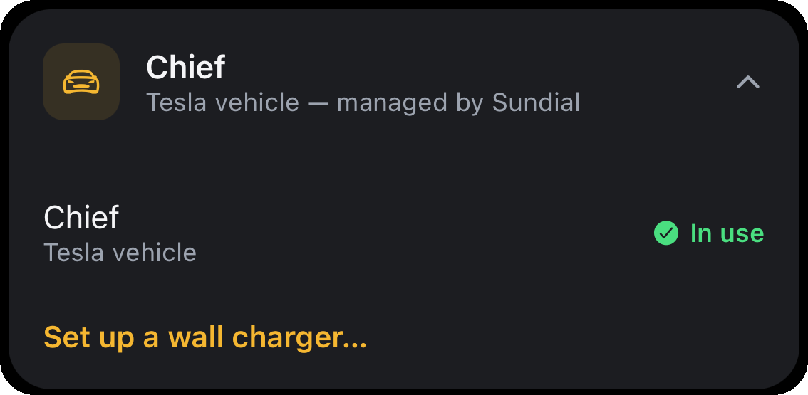 Device setup showing a Tesla managed by Sundial and an option to set up a wall charger